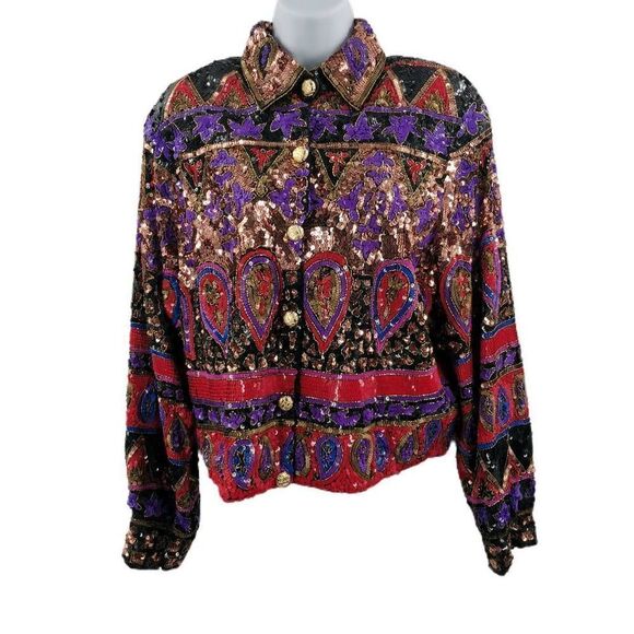 Stunning Vintage Black Silk Collared Jacket Hand Embellished with Beads & Sequin
